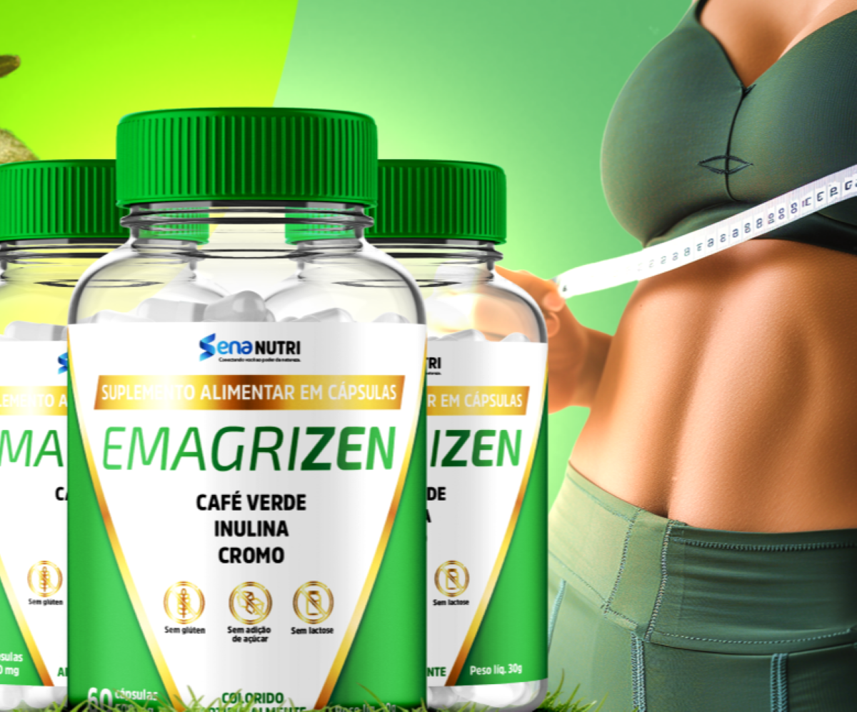 Emagrizen suplemento para emagrecimento, com ingredientes naturais como café verde e inulina, mostrando a eficácia na perda de peso